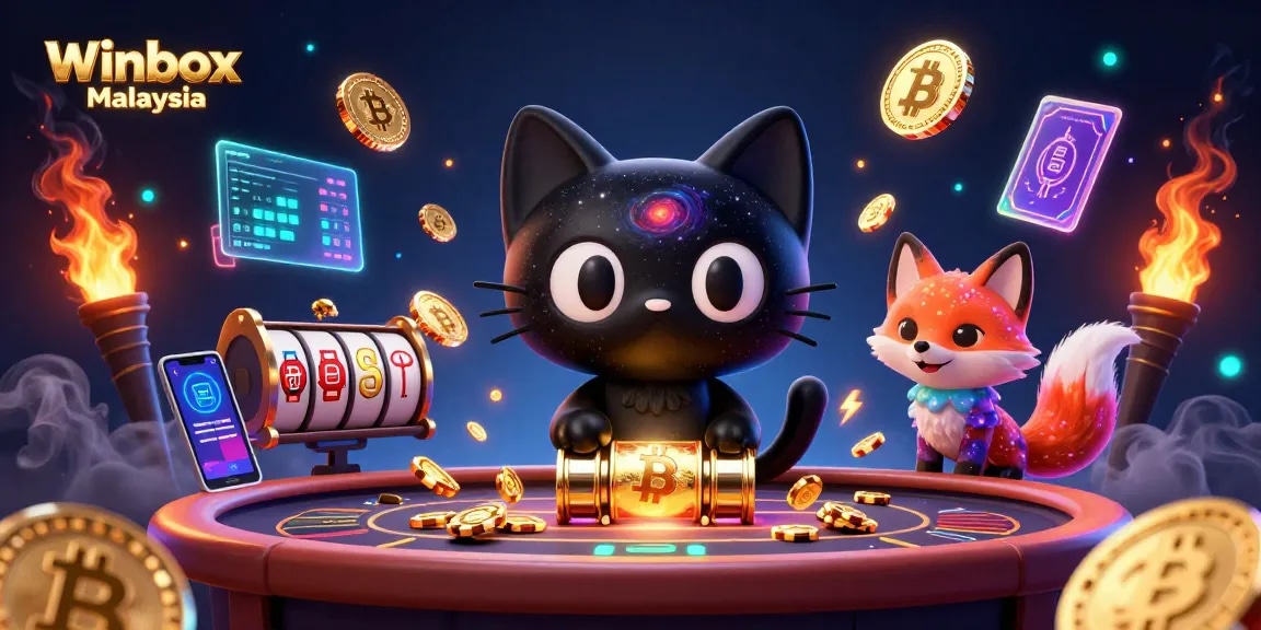 Winbox Malaysia showcases a cosmic casino scene with a black hole cat and a nebula fox interacting with glowing crypto elements.