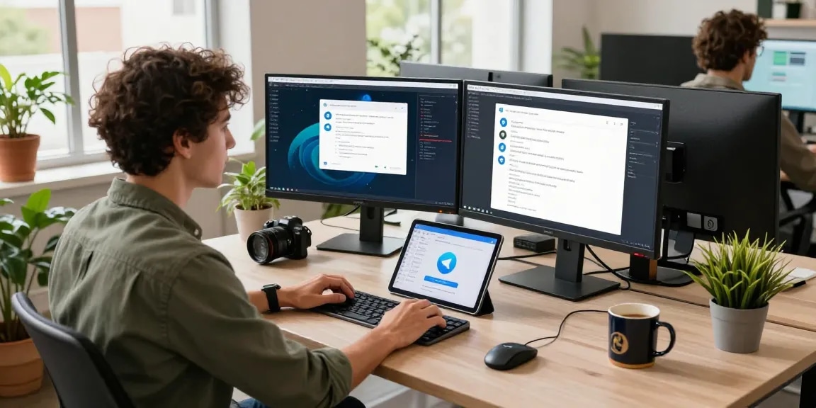 Dynamic workspace showcasing Telegram下载 on multiple screens, highlighting a developer's environment.