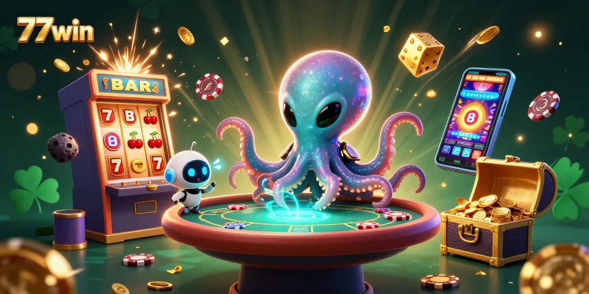 Experience thrilling action at 77win with an exciting 3D casino scene featuring alien characters and slot machines.