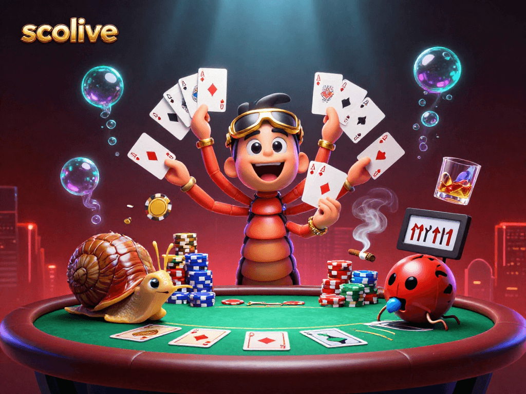 Experience socolive's dynamic poker scene with a cartoon dealer, snail high-roller, and excitement!
