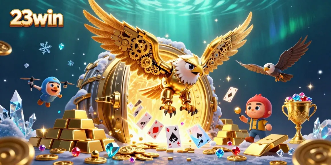Experience thrilling moments at 23win as a golden eagle dives through holographic cards, surrounded by treasures.