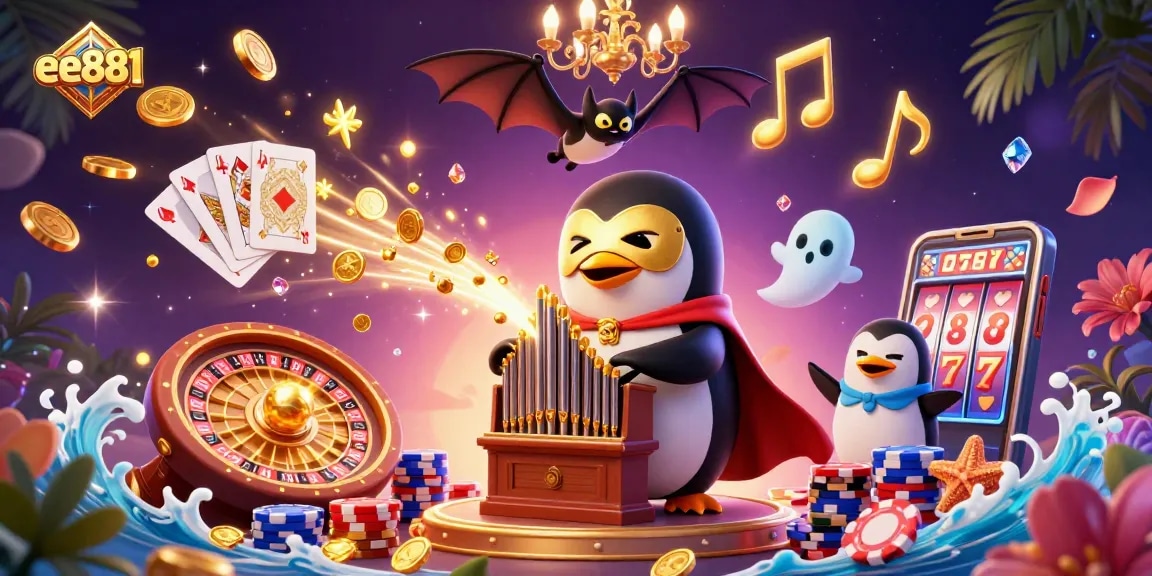 Play exciting games at ee881 with golden coins cascading from an organ in this dynamic casino scene.