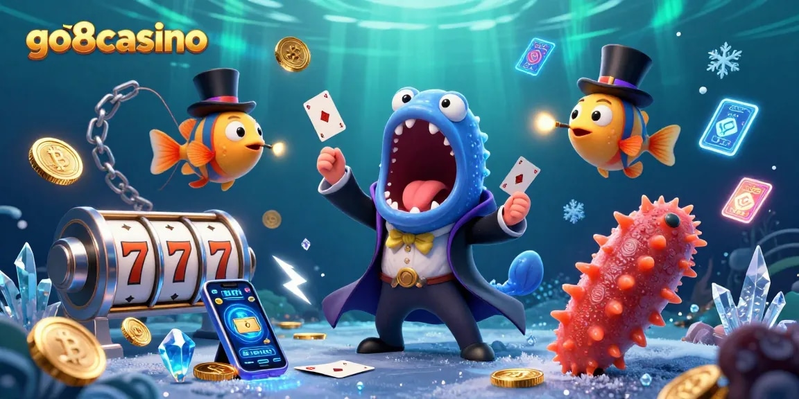 Experience the magic at go8casino with vibrant underwater casino characters performing thrilling card tricks.