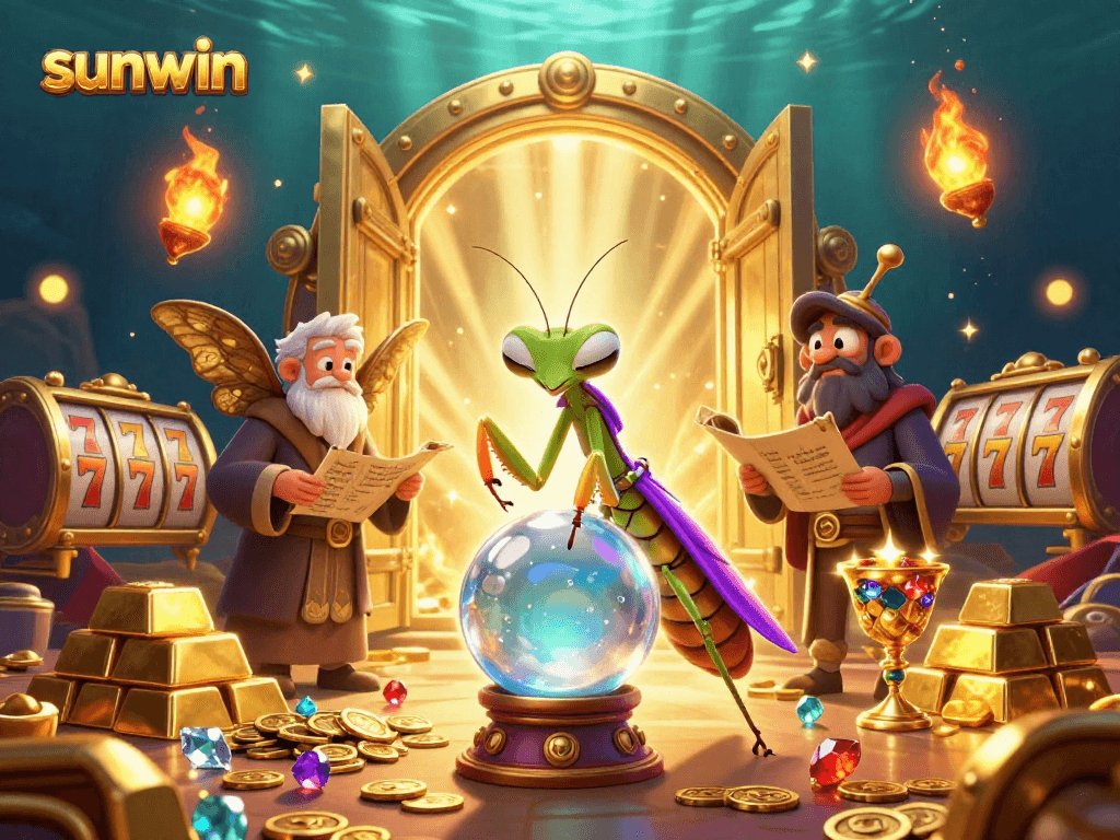Engage with sunwin's vibrant 3D casino scene showcasing a mystical fortune teller and treasure elements.