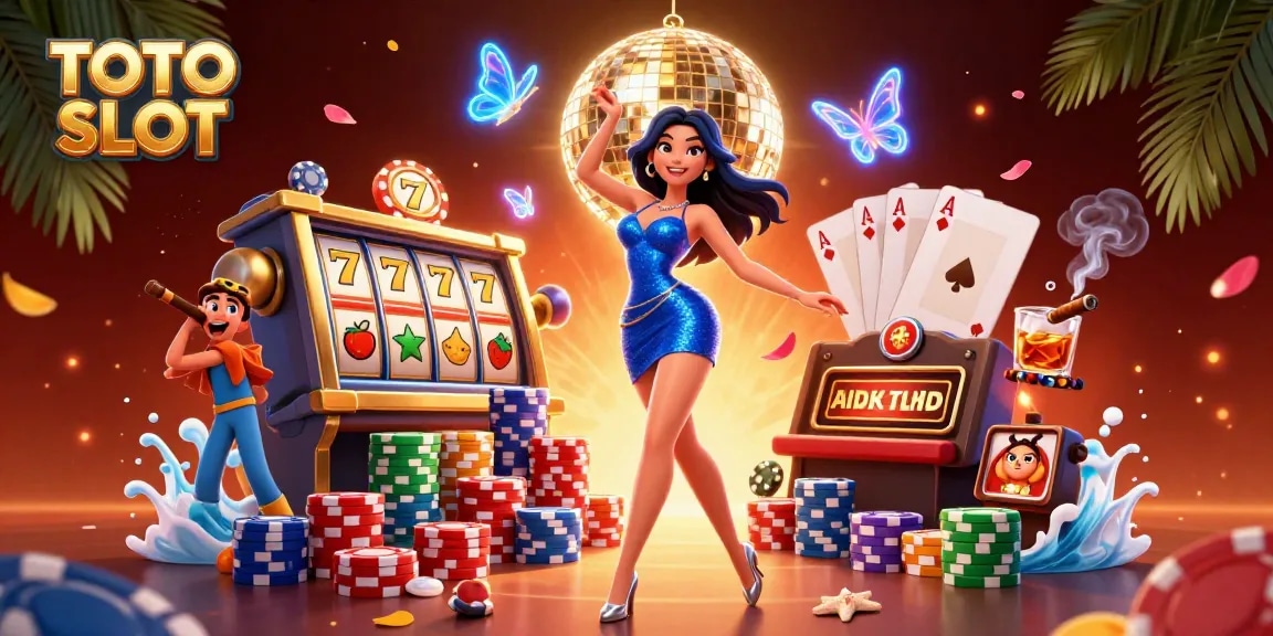 TOTO SLOT showcases a glamorous dancer amidst vibrant 3D slot reels and poker chips, elevating the gaming atmosphere.