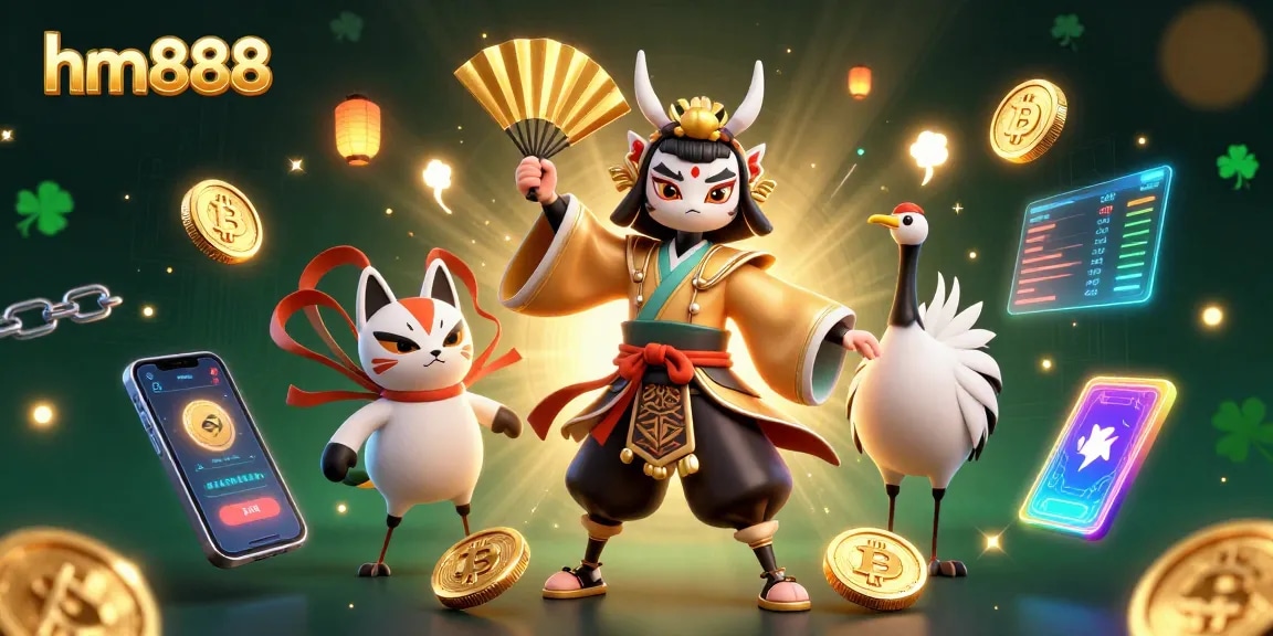Engage in thrilling gaming at hm888 with stylish characters, glowing crypto coins, and rich casino elements.