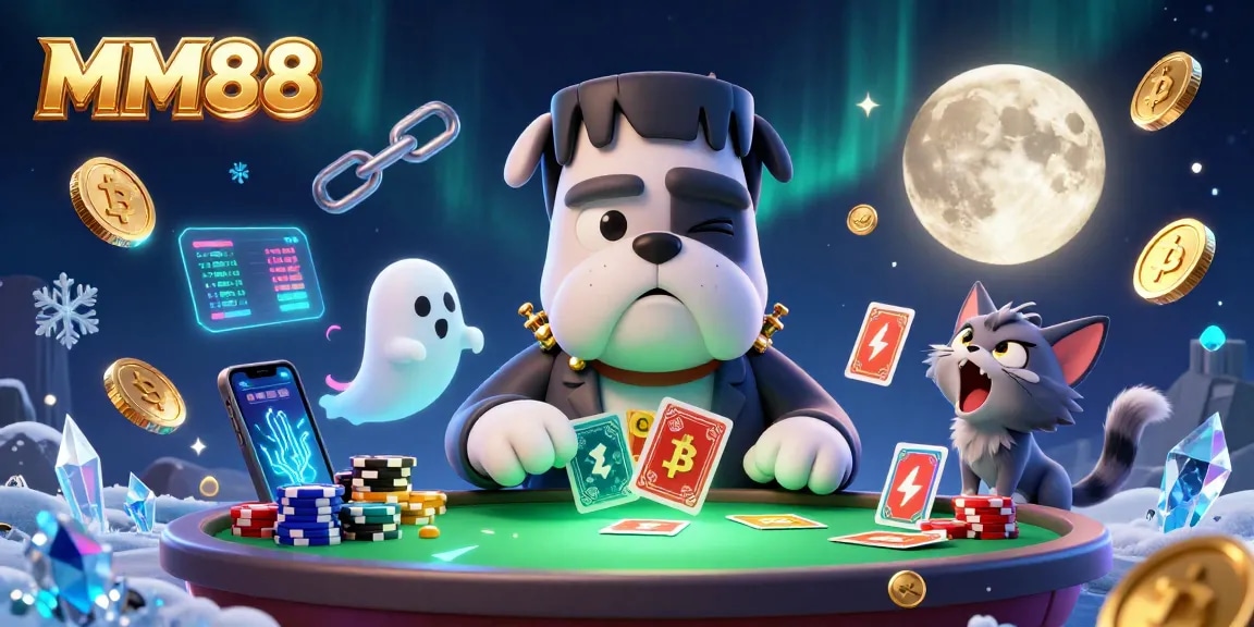 Experience the thrill of gaming with MM88, featuring a vibrant 3D cartoon monster and crypto elements.