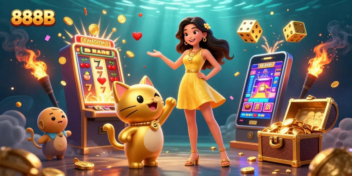 Experience the excitement of 888B online casino with vibrant 3D illustration packed with winning symbols.