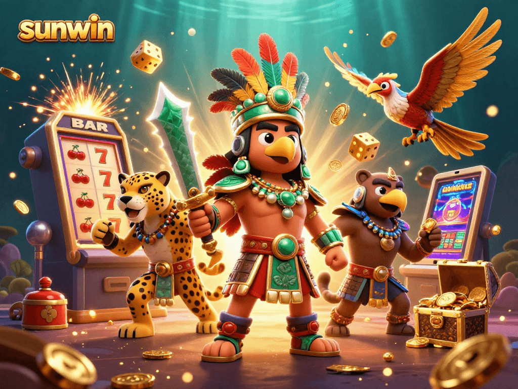 Join the excitement of sunwin casino with a vibrant 3D illustration showcasing dynamic gaming elements and energetic characters.