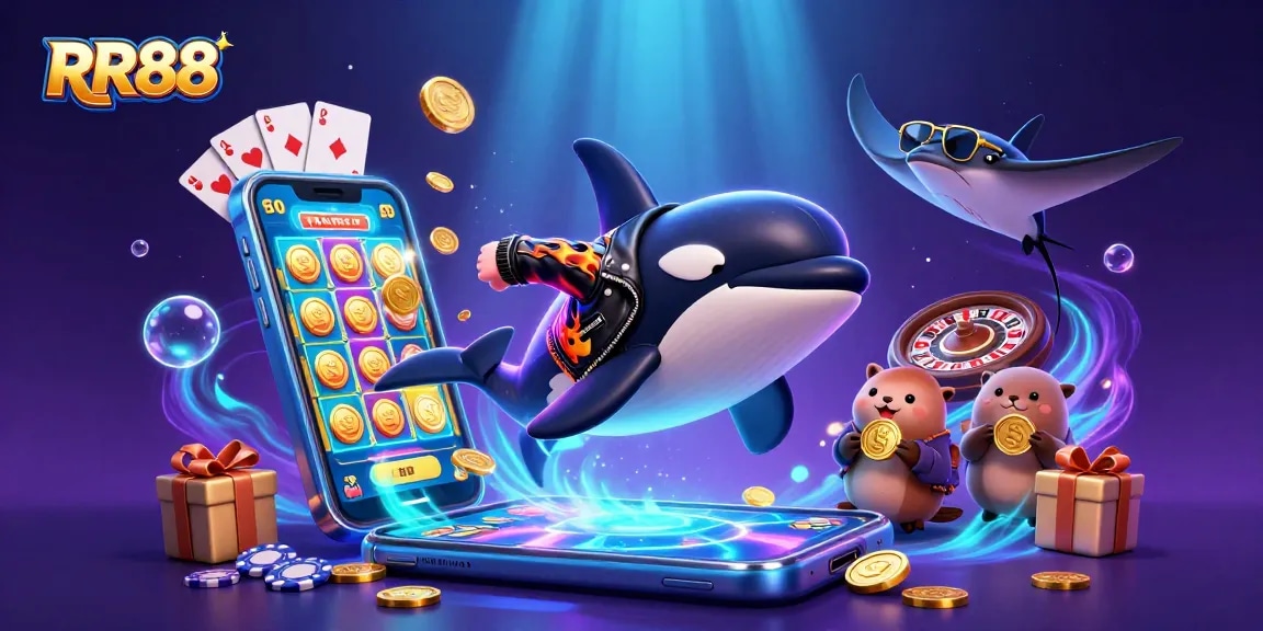 Experience thrilling gameplay with RR88 as a colorful 3D underwater casino scene bursts with golden coins and dynamic characters!