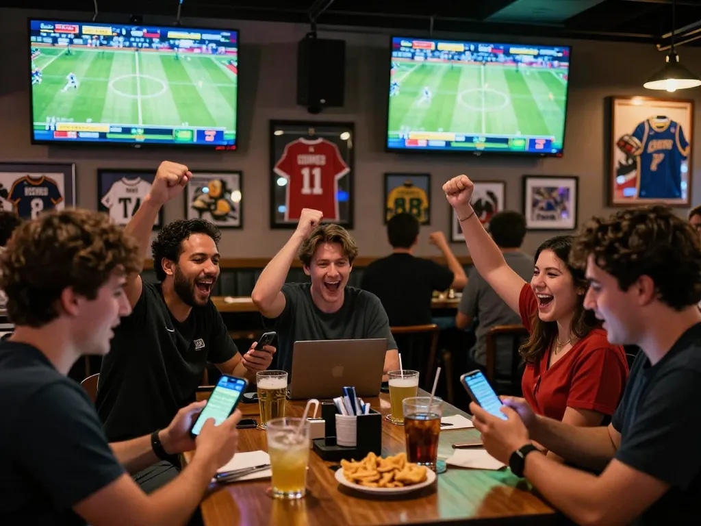 Engaged sports betting enthusiasts using mobile apps during kèo nhà cái hôm nay events in a lively bar.
