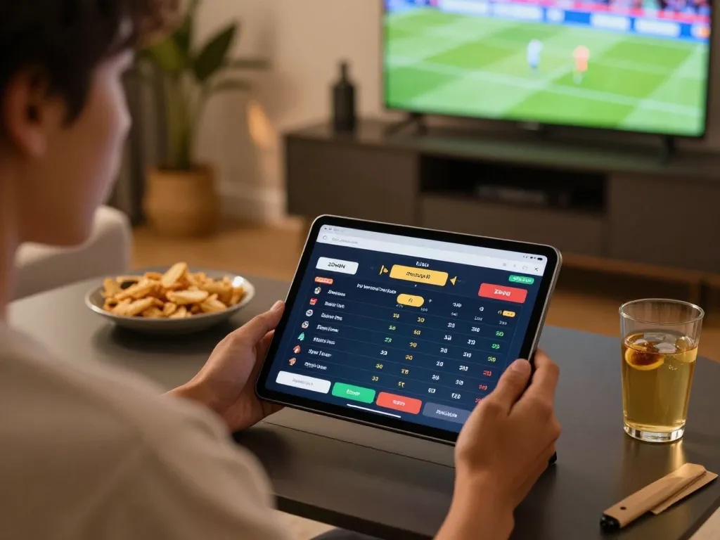 Person using ZOWIN app for live sports betting in a modern home setting.