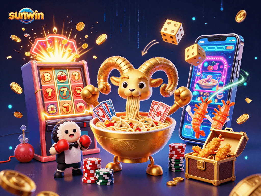 Experience sunwin's exciting casino atmosphere with our vibrant 3D illustration full of action.