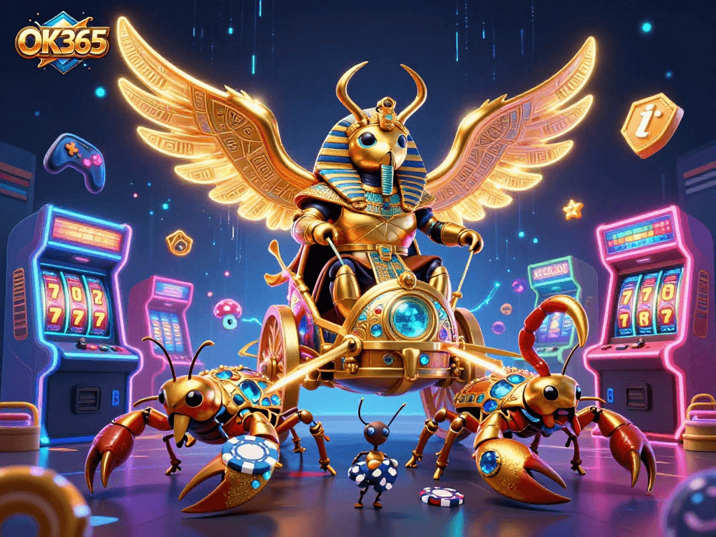 Engage with thrilling gaming action at OK365 featuring a golden scarab beetle and vibrant casino elements.