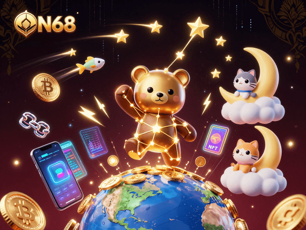 Experience the magic of ON68 as a constellation bear scoops up coins, surrounded by crypto elements.