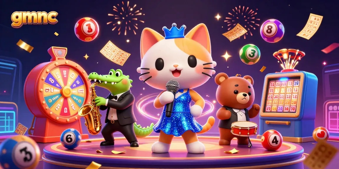 Experience the excitement of gmnc with a vibrant casino scene bursting with color and energy, featuring musical characters and lively gamified elements.