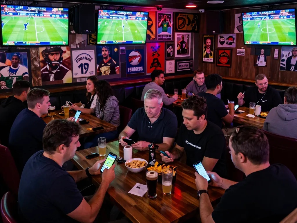 Kèo nhà cái hôm nay highlights sports betting excitement in a bustling bar with vibrant screens and engaged players.