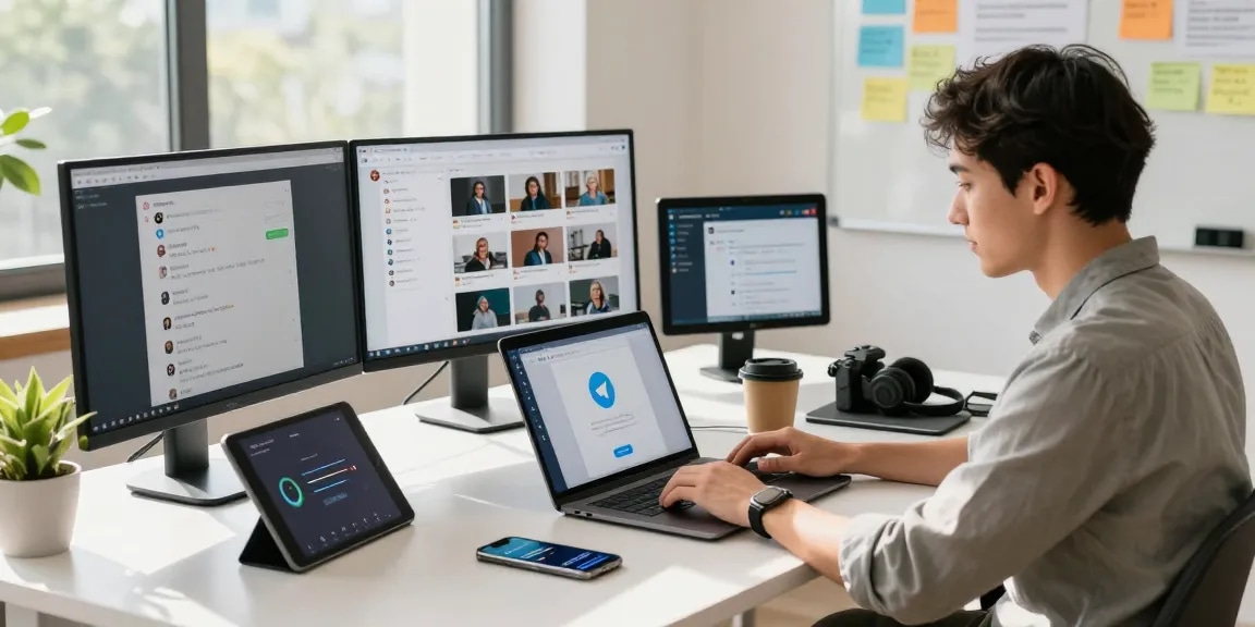 Instant messaging with Telegram下载 in a vibrant workspace setting, featuring tech gadgets and organized desk atmosphere.