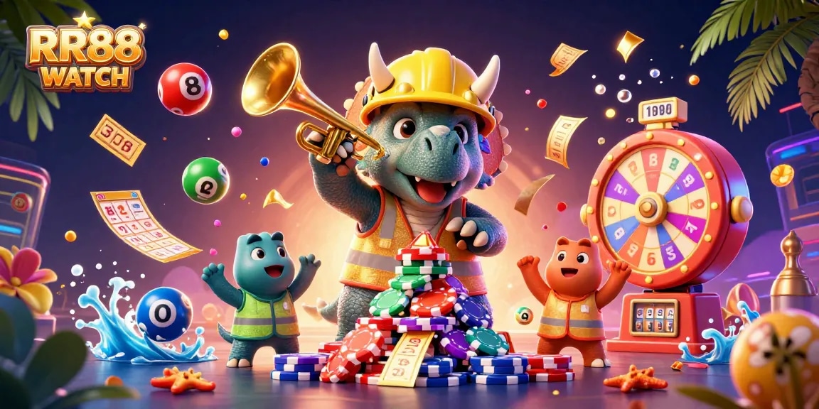 Join the excitement of RR88 WATCH as a triceratops builds poker chip pyramids amidst gambling celebrations.