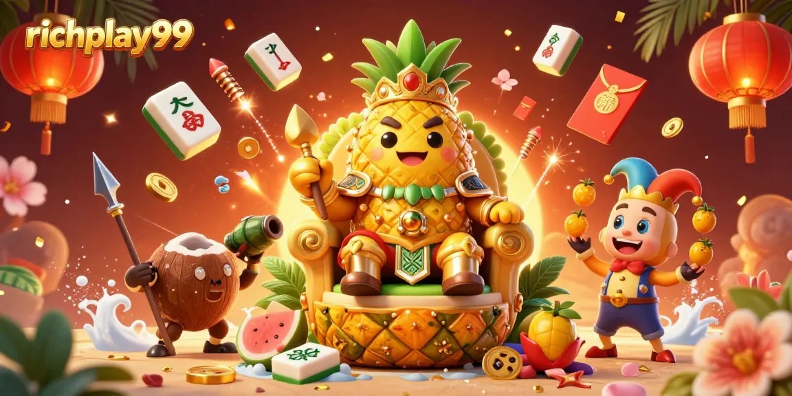 Experience the exciting world of richplay99 with a vibrant 3D scene showcasing tropical delights and casino elements.