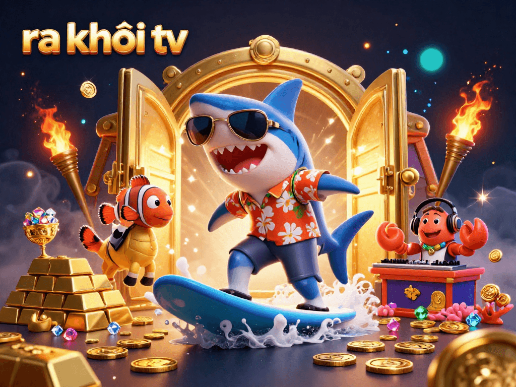Engage with thrilling action at ra khơi tv as cartoon characters surf gold coins in a vibrant underwater world.