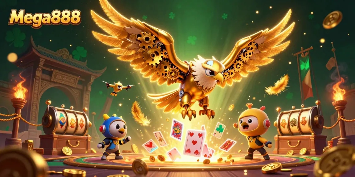 Experience thrilling Mega888 gameplay with a cybernetic eagle soaring through dynamic holographic cards.