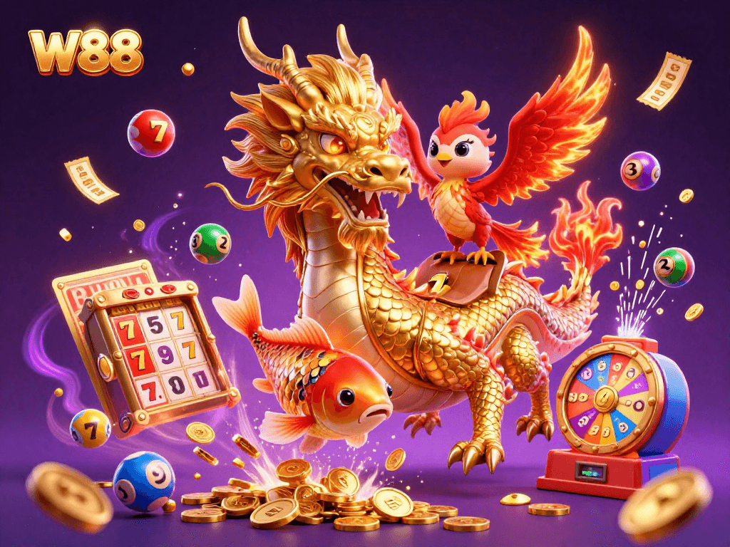 Experience thrilling W88 casino adventures with vibrant dragons, coins, and lucky symbols in this dynamic illustration.