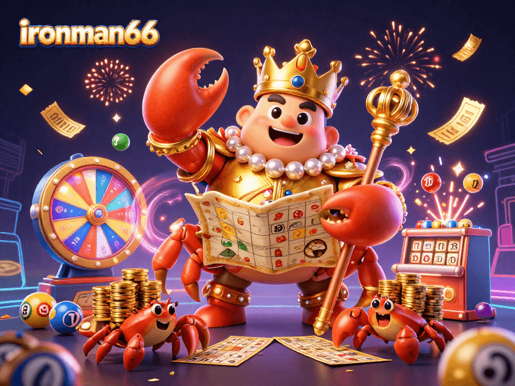 Experience exciting gameplay with ironman66’s vibrant casino-themed illustration featuring a golden crab emperor and dynamic game elements.