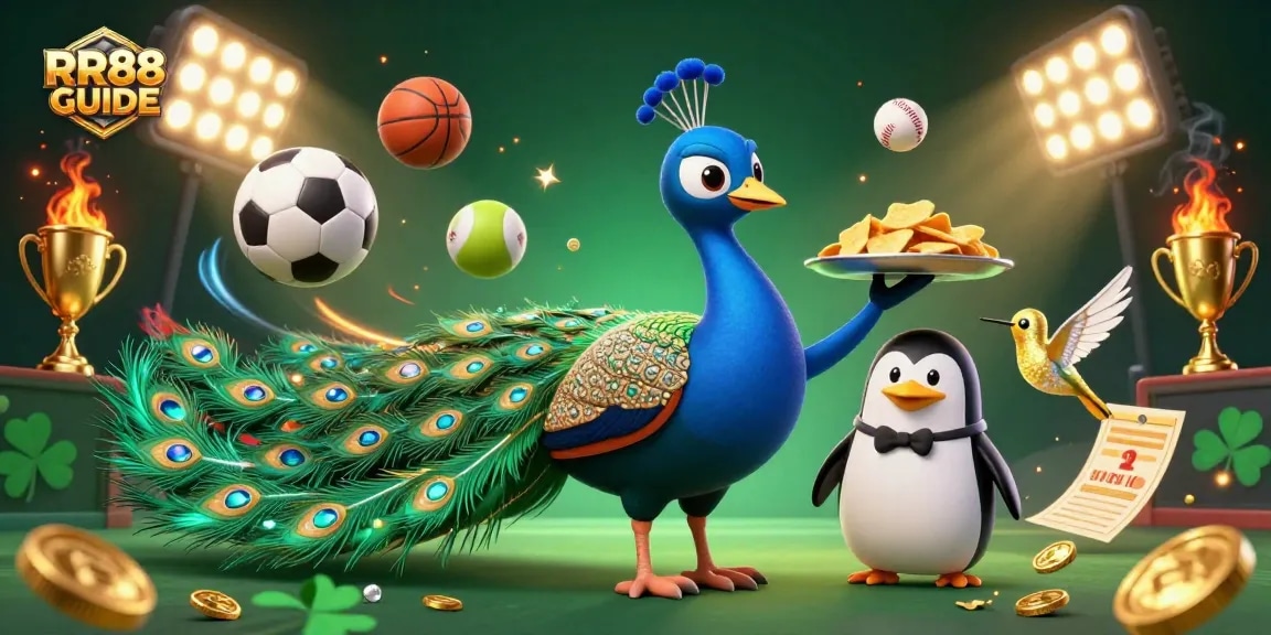 Betting on RR88 GUIDE with a lavish peacock and penguin in a vibrant casino scene filled with sports and gaming elements.