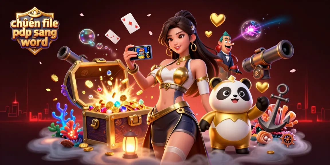 Engage in chuyển file pdf sang word with a dynamic casino scene including an Asian woman and golden panda mascot.