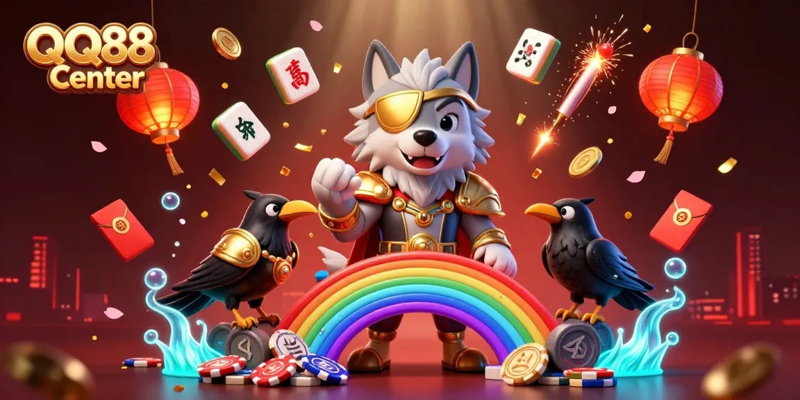 Experience thrilling gaming adventures at QQ88 Center with an energetic 3D illustration of interactive characters and casino elements.