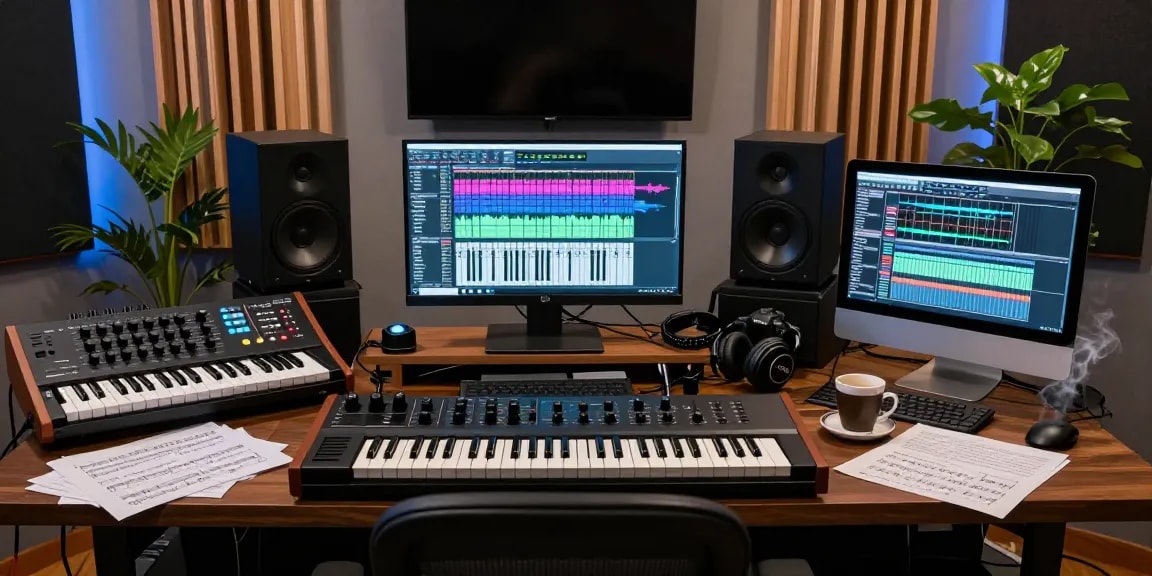 Musician using SC88 sound module in a modern music studio for creative production.