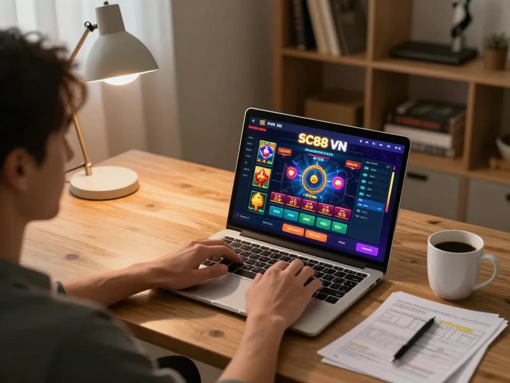Player engaged in online gaming with SC88 VN, showcasing vibrant casino options and a cozy setup.