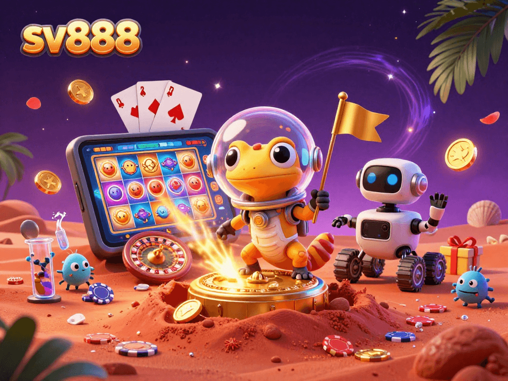 Experience sv888 excitement with a Martian gecko and golden casino adventure in vibrant 3D.