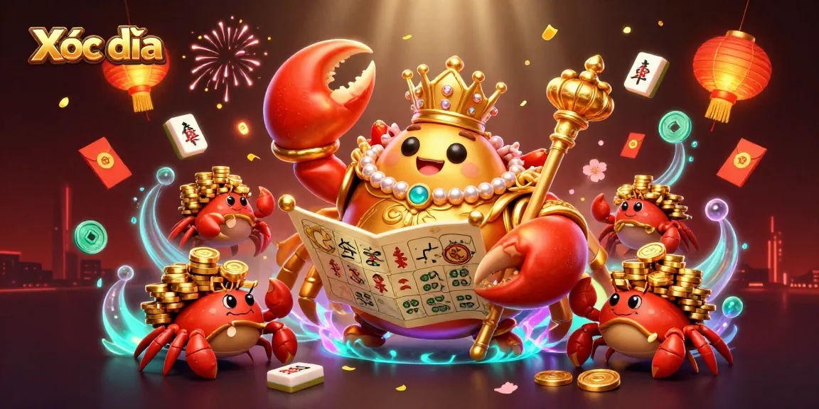 Xóc đĩa gaming scene featuring a golden crab emperor and treasures, perfect for online casino enthusiasts.