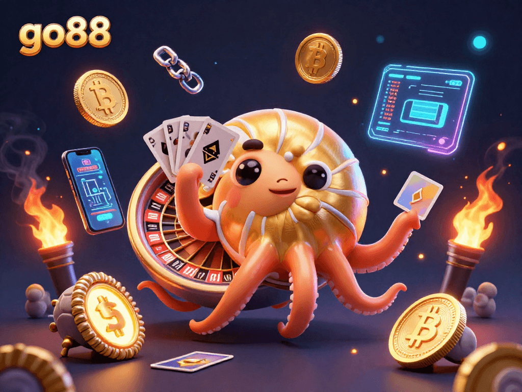 Engage with go88's vibrant 3D casino scene featuring a giant nautilus roulette wheel and crypto elements.