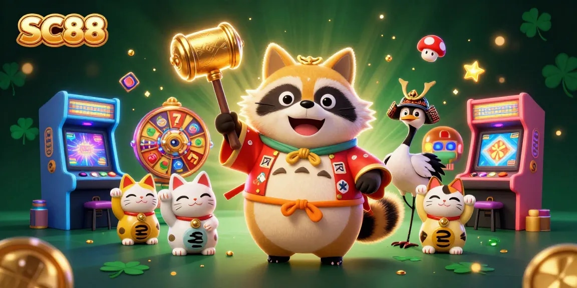 Play slots and win big with SC88 at this vibrant 3D casino scene featuring cheerful characters and gaming elements.