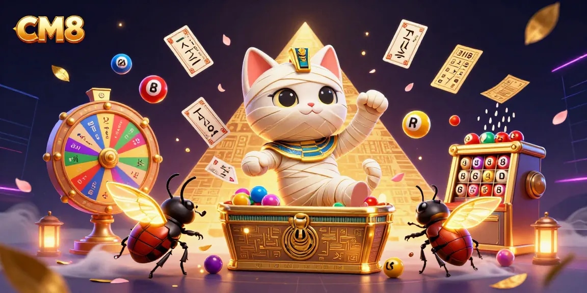 Spin and win at CM8 with a vibrant casino scene featuring a cartoon mummy cat and golden elements.