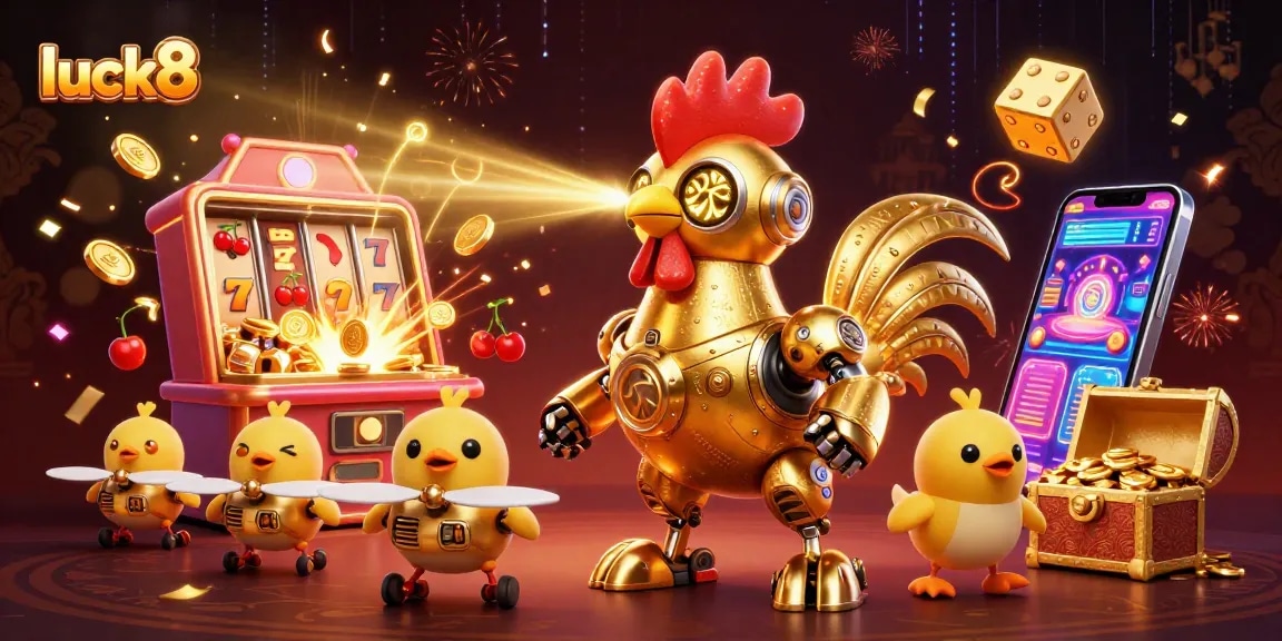 luck8's vibrant casino scene featuring a golden rooster robot and baby chick drones amidst a lively jackpot explosion