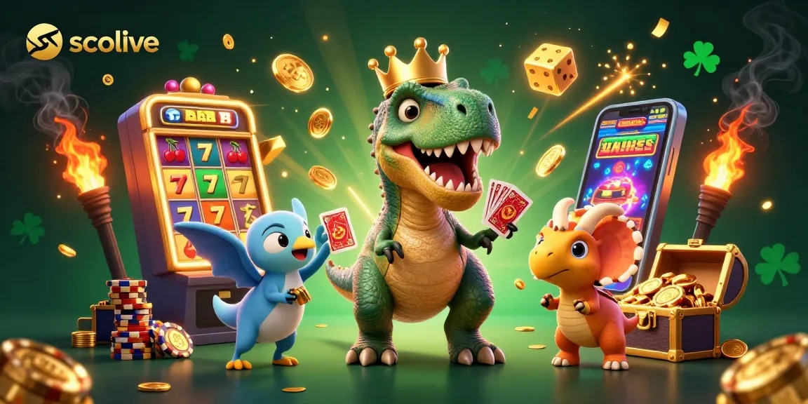 Socolive unique 3D illustration of a T-Rex shuffling cards and a pterodactyl holding cards, showcasing vibrant casino themes.