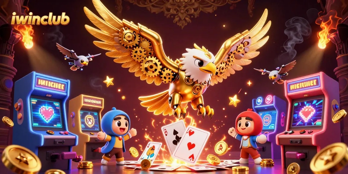 Engage in exciting gameplay at iwinclub as a golden eagle dives among shimmering 3D cards and neon arcade machines.
