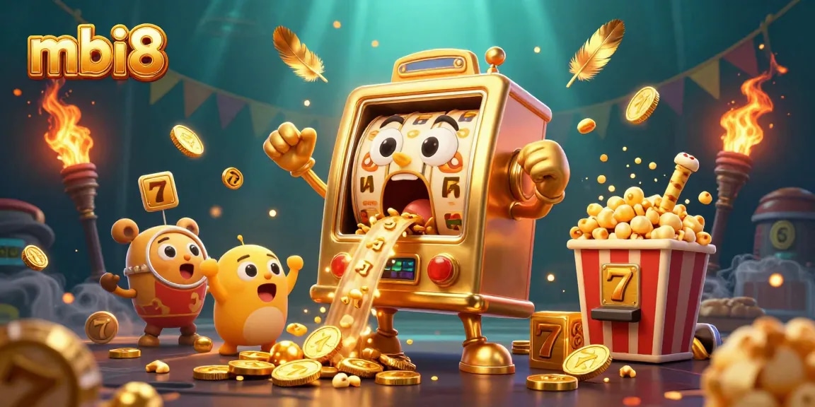 Spin the reels and win with mbi8's golden slot machines celebrating jackpots in an exciting casino scene.