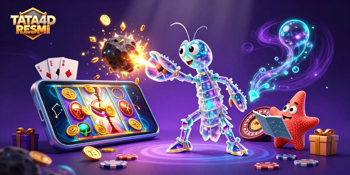 TATA4D RESMI slot gaming scene with galactic samurai and starfish navigating exploding gems.