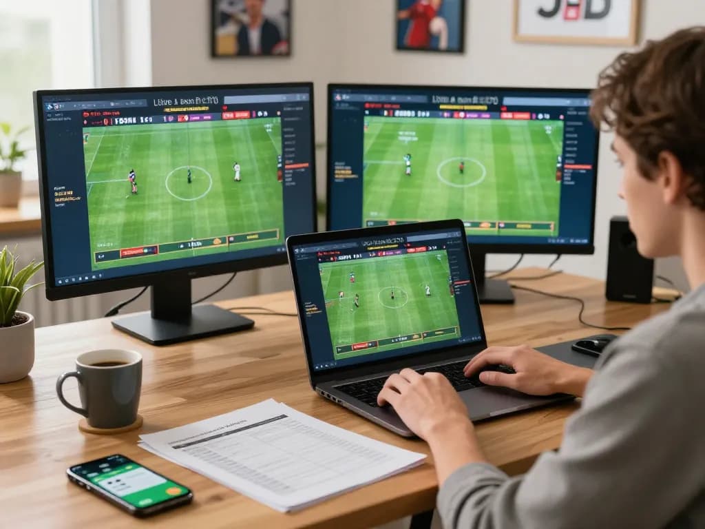 Engaging online sports betting setup showcasing a laptop on live betting with keo nha cai hom nay visible