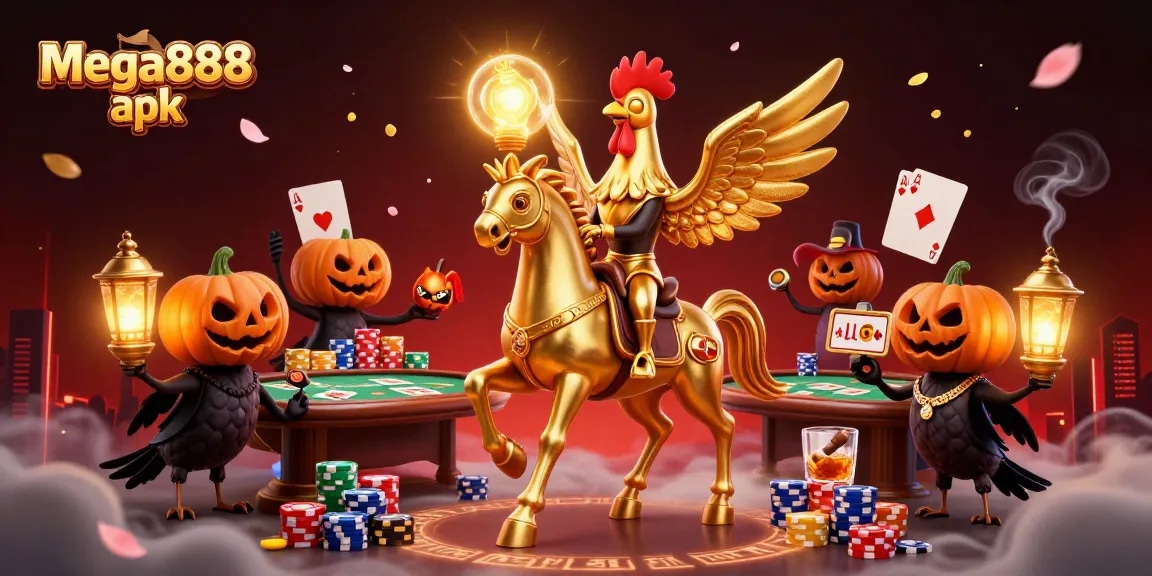 Experience the excitement of mega888 apk with a dynamic casino scene featuring a golden rooster.