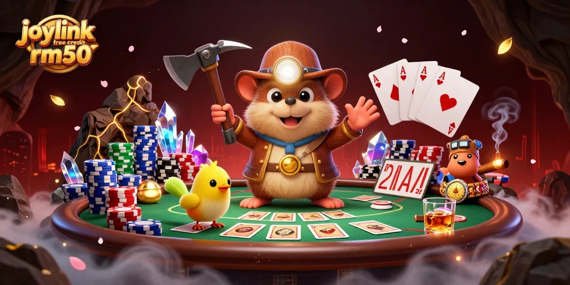 Engage with joylink free credit rm50 offers in this vibrant casino-themed illustration depicting a mole and canary.