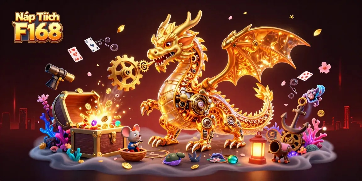 Experience the fun of Nạp Tiền F168 with a vibrant scene featuring a golden dragon and exciting treasure.