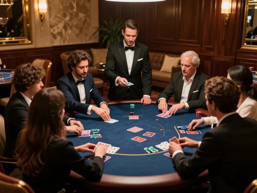 Players strategizing at a high-stakes poker table in SC88's exclusive casino area.