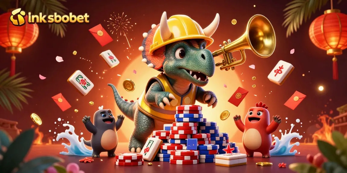 Experience the thrill of betting with link sbobet as a triceratops builds a poker chip pyramid!