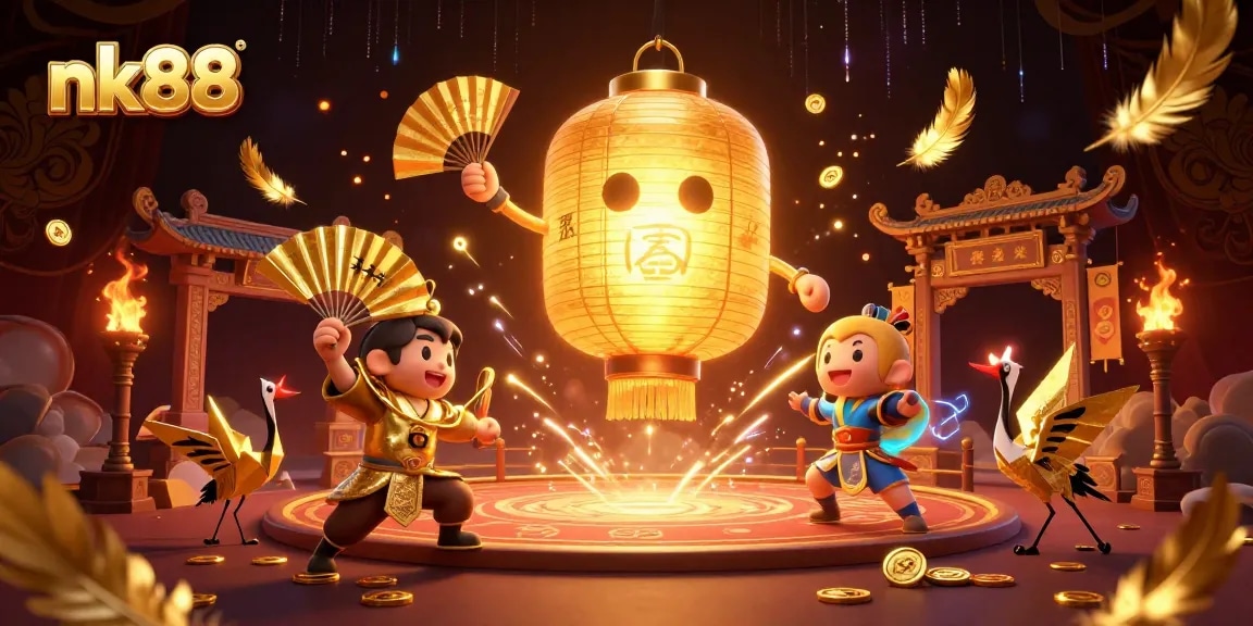 Experience thrilling gaming at nk88 with a vibrant illustration of a glowing lantern spirit and casino elements.
